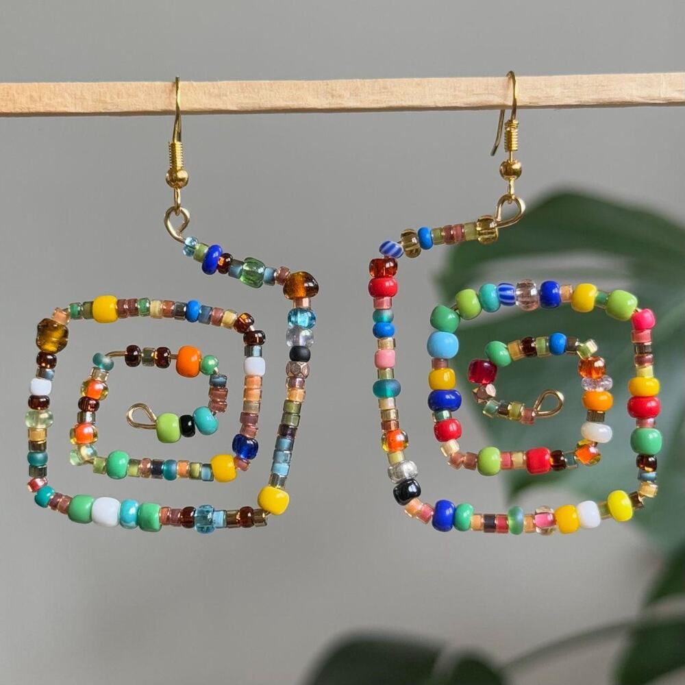 Handmade colorful beaded square spiral earrings